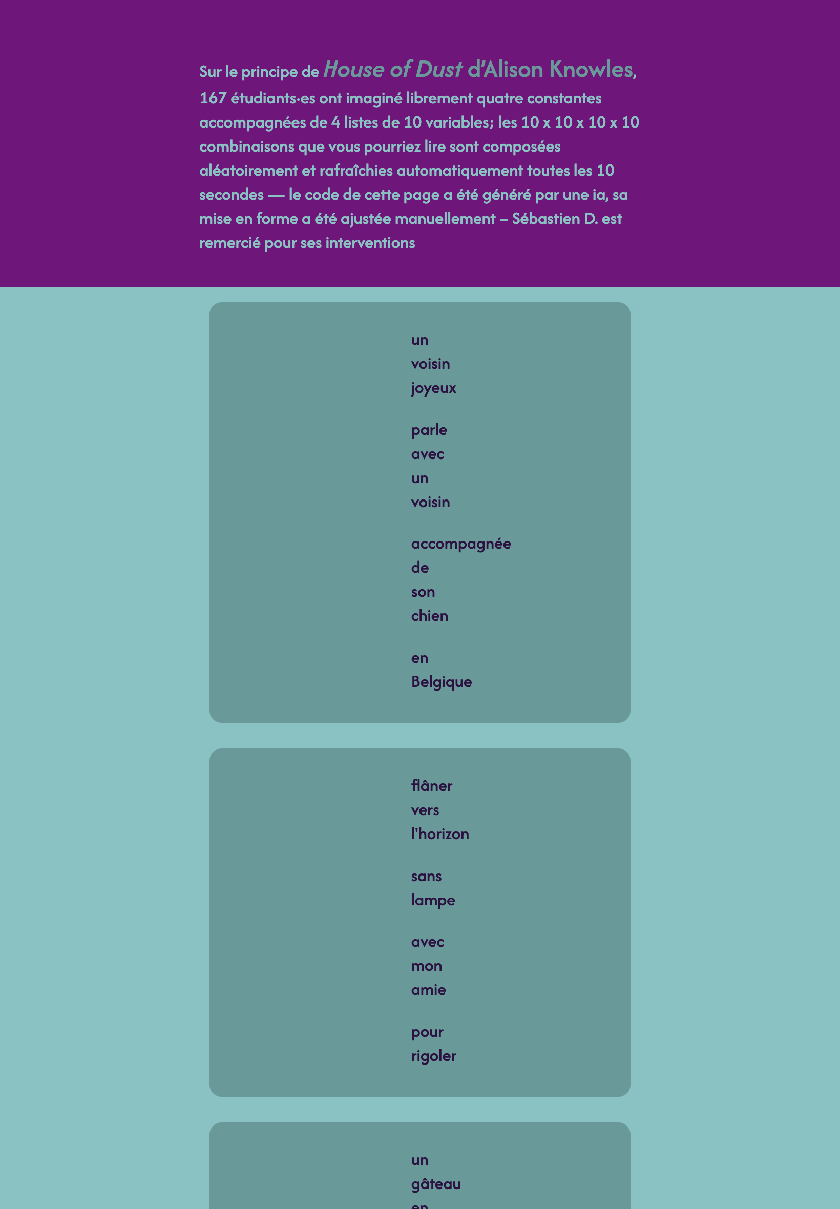 Page mauve/bleu clair le paragraphe d'introduction est écrit en bleu clair et le fond est mauve, suivi de sections blue/vert avec dedans des petits morceaux de phrases, les sections sont sur fond bleu clair.